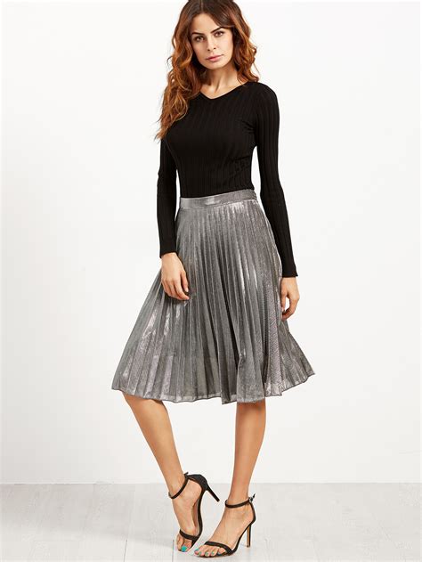 fabric and metal skirt|long pleated metallic skirt.